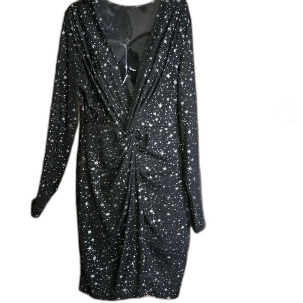 SHEIN Black Star Print Midi Dress V-Neck Sexy Elegant Celestial Whimsigoth L